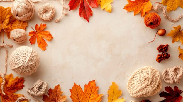 Flat-lay view of autumn composition with thread balls and maple  leaves on light beige concrete background.AI generated