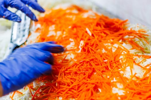 grated carrot with hands in blue latex gloves closeup
