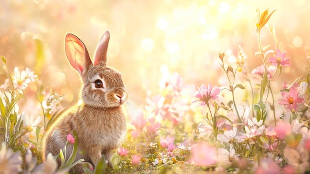 An adorable Easter rabbit sitting in a spring garden with a blooming flowers. AI generated