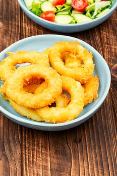 Calamari, fried squid rings with raw vegetable salad. Rustic style.