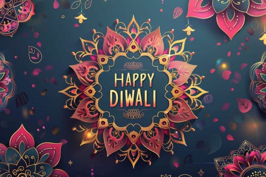 Happy Diwali text with floral mandala art and decorative elements, background, AI Generated