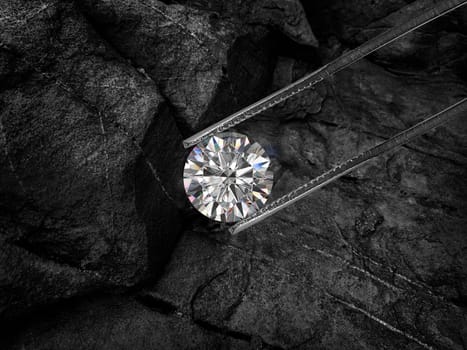 Cut Beautiful diamond held by tweezers on black coal background