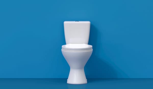 White toilet bowl with lid open on blue background