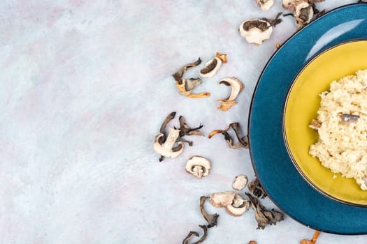 Yellow millet grain porridge with mushrooms. Vegan healthy food. Copy space.