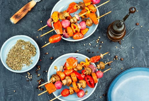 Barbecue vegetables. BBQ vegetable skewers. Delicious barbecue picnic food Top view.