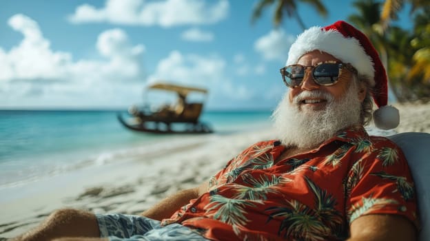 Santa Claus relaxing on tropical beach. Christmas vacation, holiday travel, and festive getaway concept.