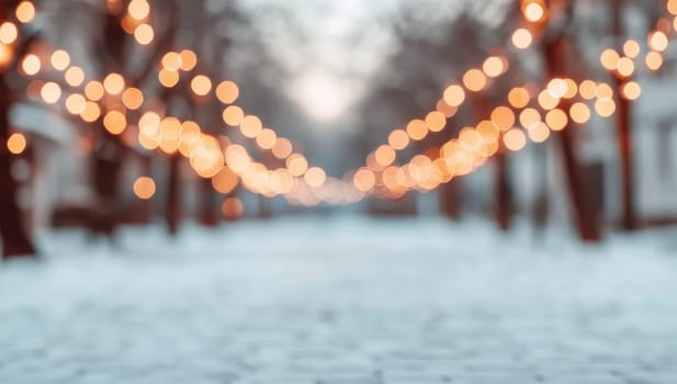 Blurred winter background of snowy city park alley with glowing lights garland on trees. Festive Christmas New Year holiday decorations, bokeh, evening illumination, snowfall.