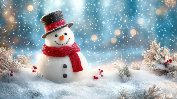 Smiling Snowman in Snowy Winter Wonderland, Christmas Scene