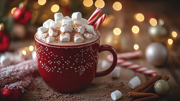 Red mug of hot chocolate with marshmallows and candy canes. Christmas festive cozy atmosphere with bokeh lights