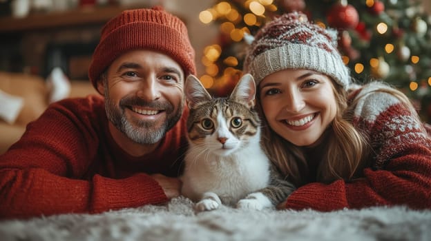 Happy Couple and Cat by Christmas Tree, Festive Holiday Cheer