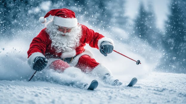 Santa Claus Skiing Down Snowy Slope, Festive Winter Sports