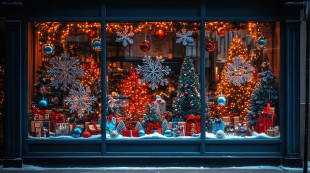 Christmas Shop Window Display with Festive Decorations and Gifts
