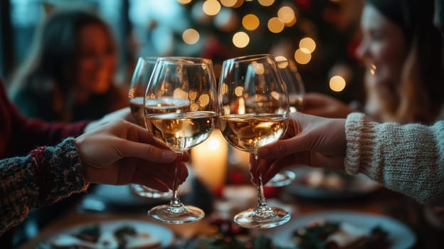 Celebrating Christmas,  Friends toasting with glasses of white wine during festive holiday dinner with blurred Christmas tree lights in background. Concepts of togetherness and Christmas cheer