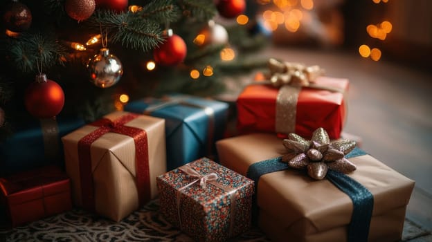 Christmas gifts under the tree, Festive holiday presents wrapped in colorful paper and ribbons
