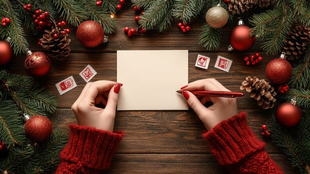 Woman writing Christmas card or letter on wooden table with festive decorations. Top view.