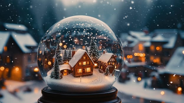 Snow globe featuring a cozy winter village scene with illuminated houses and falling snowflakes.