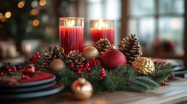 Christmas Table Centerpiece with Candles, Ornaments, and Pine Cones