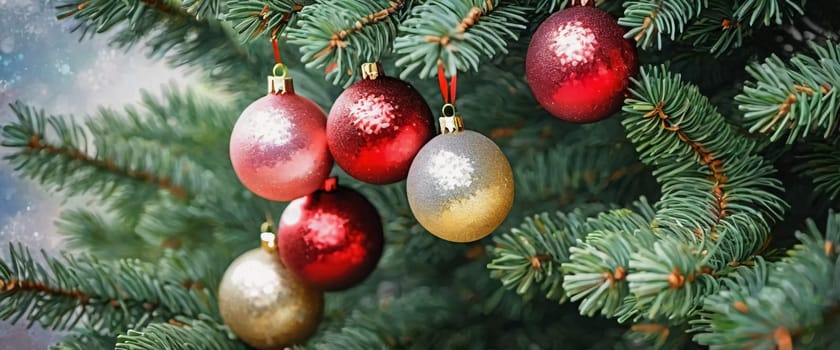 Colorful Christmas decorations adorn the branches of a spruce tree, vibrant balls in shades of red, gold, and pink, embodying holiday cheer in winter. Happy New Year art background. Generative AI.