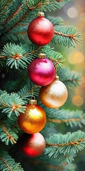 Colorful Christmas decorations adorn the branches of a spruce tree, vibrant balls in shades of red, gold, and pink, embodying holiday cheer in winter. Happy New Year art background. Generative AI.