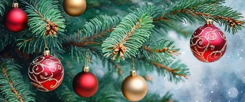 Colorful Christmas decorations adorn the branches of a spruce tree, vibrant balls in shades of red, gold, and pink, embodying holiday cheer in winter. Happy New Year art background. Generative AI.