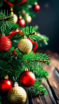 Sparkling ornament balls in vibrant red and gold hang from a lush spruce tree branch. Soft, warm lights twinkle enhancing festive spirit of Christmas. Happy New Year. Anamorphic  bokeh. Generative AI.