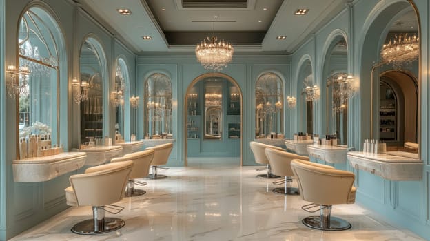 Elegant Hair Salon Interior with Pastel Blue Walls and Marble Floors