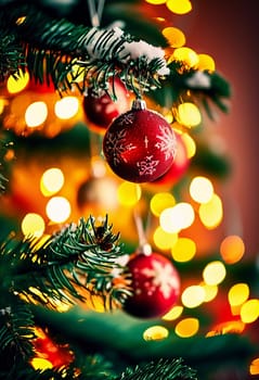 Sparkling ornament balls in vibrant red and gold hang from a lush spruce tree branch. Soft, warm lights twinkle enhancing festive spirit of Christmas. Happy New Year. Anamorphic  bokeh. Generative AI.