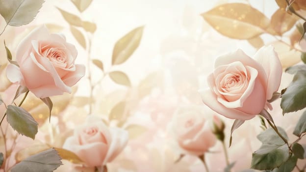 Rose garden with delicate blossoming pink rose flowers. Soft pastel pinks and creams colors. AI generated