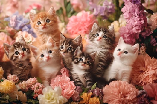 Many adorable little kittens posing amidst colorful flowers. AI generated