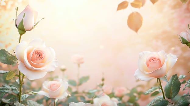 Rose garden with delicate blossoming pink rose flowers. Copy space. AI generated
