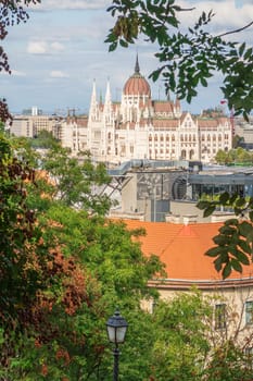 Vertical photography of the Hungarian Parliament on the banks of the Danube in Budapest, Hungary