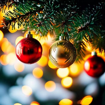 Sparkling ornament balls in vibrant red and gold hang from a lush spruce tree branch. Soft, warm lights twinkle enhancing festive spirit of Christmas. Happy New Year. Anamorphic bokeh. Generative AI.