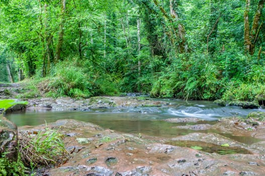 Route of the Profundu River, Villaviciosa, Asturias, Spain. River flowing parallel to the road
