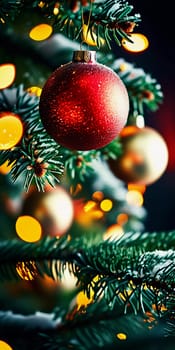 Sparkling ornament balls in vibrant red and gold hang from a lush spruce tree branch. Soft, warm lights twinkle enhancing festive spirit of Christmas. Happy New Year. Anamorphic  bokeh. Generative AI.