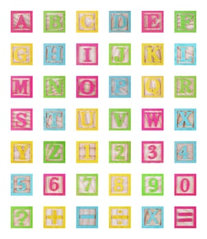 Set of alphabet wood blocks on white with clipping path
