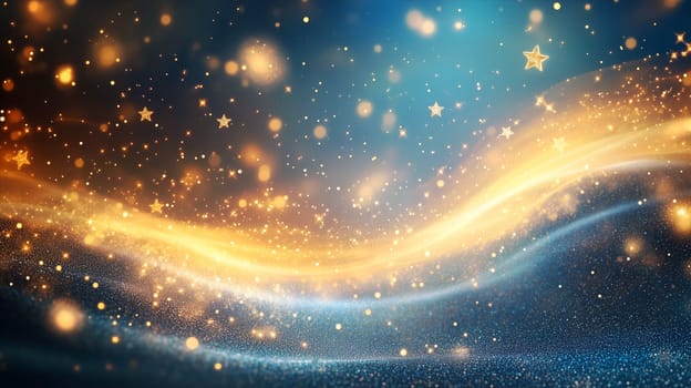 Golden bokeh, stars and glitter explosion cloud, confetti splash, twinkling scattered star dust and particles, christmas background