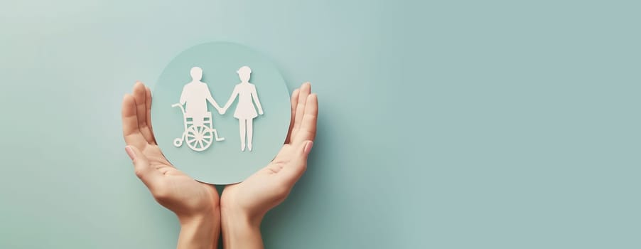 Couple holding hands, handicapped man in wheelchair, friendship, humanitarian aid, respect and support for disabled people