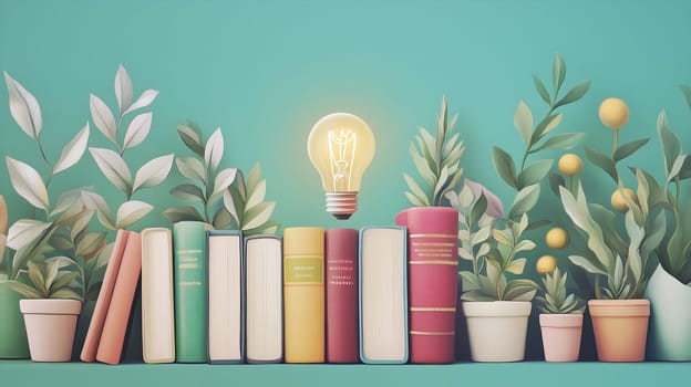 Lightbulb with books and plants, education and science concept, learning new skill, have wisdom and knowledge
