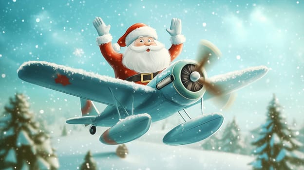 Happy Santa Claus flying an airplane, christmas eve, snowflakes over the forest landscape, winter holiday season, greeting card, illustration