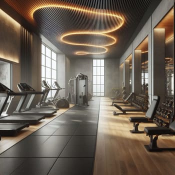 A modern gym interior with a minimalist design and natural light streaming through large windows. The gym is equipped with treadmills, weight machines, and other fitness equipment. A high-quality AI-generated photo.