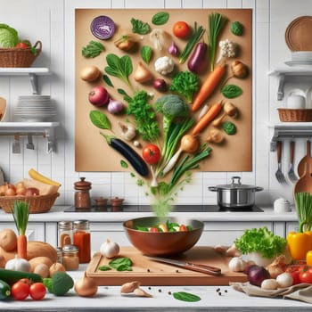 A kitchen scene with a variety of fresh vegetables flying towards a wok. The image suggests the preparation of a healthy and delicious meal. A high-quality AI-generated photo.