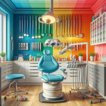 A colorful dental office with a rainbow-colored ceiling, blue dental chair, and various dental tools. The room is playful and inviting, creating a positive experience for patients. A high-quality AI-generated photo.