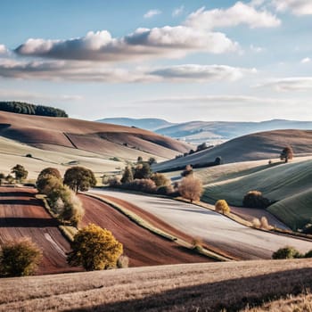 A scenic view of rolling hills and farmland, with trees scattered across the landscape. The sky is blue with white clouds, and the sun is shining brightly. A high-quality AI-generated photo.