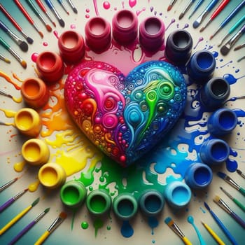 A colorful heart shape made of swirling patterns and surrounded by paint splatters and paintbrushes. The image represents love, creativity, and artistic expression. A high-quality AI-generated photo.