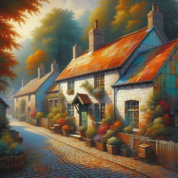 A charming street in a village, with stone houses, flowers, and a bicycle. The scene is peaceful and idyllic, evoking a sense of tranquility and nostalgia. A high-quality AI-generated photo.