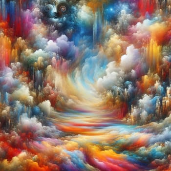 A surreal landscape with colorful clouds, swirling patterns, and a hidden face. The image is dreamlike and evocative, suggesting a sense of mystery and imagination. A high-quality AI-generated photo.