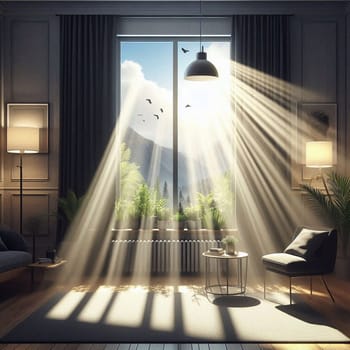 A living room with a large window that lets in sunlight, creating a warm and inviting atmosphere. The room is decorated with plants, furniture, and a lamp. A high-quality AI-generated photo.