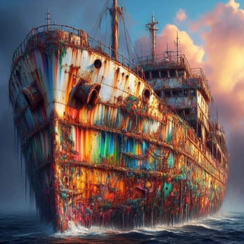 A rusty ship with colorful paint dripping from it, as if it has been submerged in the ocean. The scene is surreal and evocative, suggesting a sense of mystery and decay. A high-quality AI-generated photo.