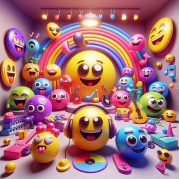 A group of colorful emojis, including a large yellow smiley face, on a stage with musical instruments. The scene is playful and upbeat, suggesting a celebration of fun and happiness. A high-quality AI-generated photo.