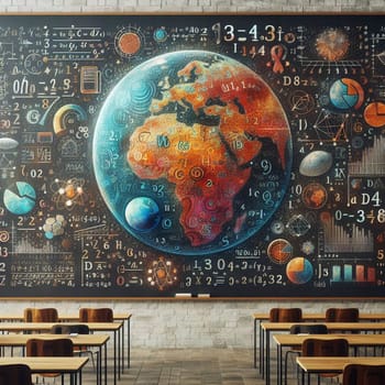 A classroom with a blackboard filled with mathematical equations, a color wheel, and paint pots, suggesting the intersection of art, science, and education. A high-quality AI-generated photo.
